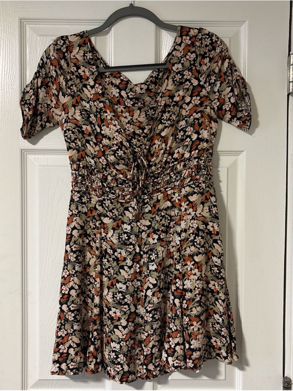 Free People Black Floral Tie-Front Mini Dress with Cream & Rust Accents